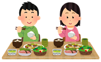 男性と女性が横に並び、主菜と副菜の揃った食事をしているイラスト
