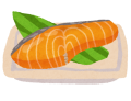 お皿の上に、オレンジ色のサケの切り身が置いてあるイラスト