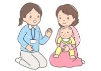 赤ちゃんを抱いたお母さんの話を聞いている相談員のイラスト
