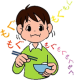 お茶碗とお箸を持ち、よく噛んでごはんを食べている男の子のイラスト