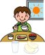 テーブルにお味噌汁や鮭が並び、笑顔で食事をしている人物のイラスト