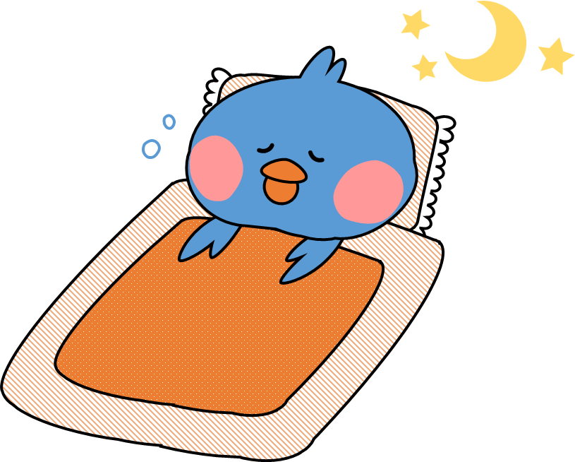 青い鳥のキャラクターが布団を被って寝ているイラスト