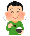ご飯の入ったお茶碗とお箸を持っている男性が、笑顔で咀嚼しているイラスト