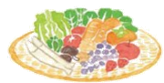 ザルの上に、野菜や果物、魚が並んでいるイラスト