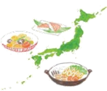 日本列島のイラストの周りに、様々な料理が並んでいるイラスト