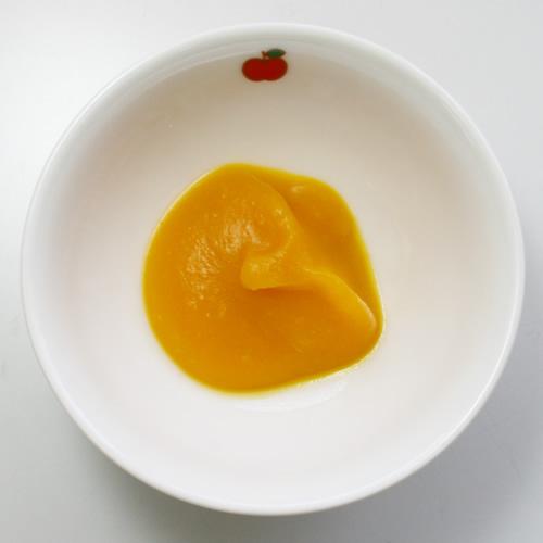 白い食器に盛り付けられた滑らかなかぼちゃペーストの写真