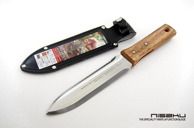 同社の仁作ブランドの「園芸用ナイフ」と革製のナイフ入れの写真