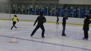 リンクでスケートをする5人の人々の写真