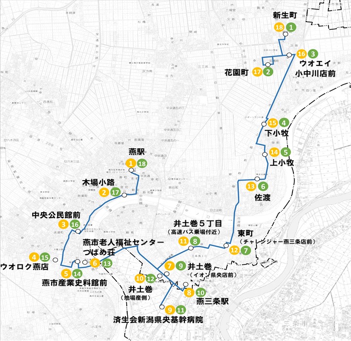 燕市コミュニティバス実証運行の路線図（令和6年3月1日から）