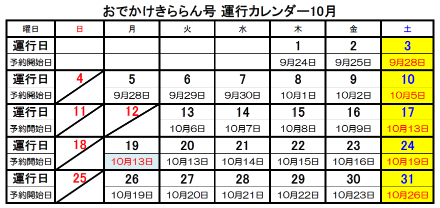 おでかけきららん号運行カレンダー10月