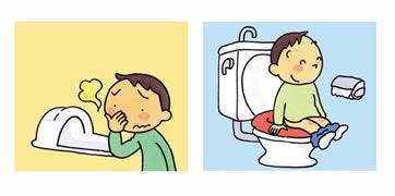 くみ取り便所の前で臭そうに右手で鼻を押さえている男の子と、水洗便所の上で笑顔を浮かべている男の子のイラスト