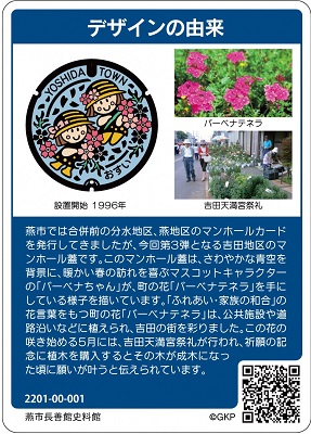 デザインの由来が書かれた「吉田地区」マンホールカードの裏面の画像