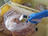 ポリ袋をあけて、肉の温度を機械で測定している写真