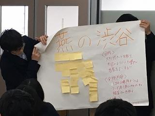「燕の渋谷」と書かれた模造紙を掲げる生徒二人の写真