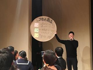 男性が「フセンの書き方」が書かれた大きな丸い紙を掲げて話している写真