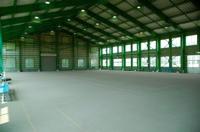 緑色の床や壁が特徴の2号棟多目的屋内運動場の写真