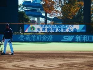 球場の観客席に東京ヤクルトスワローズカップ少年野球交流大会と書かれた横断幕の写真