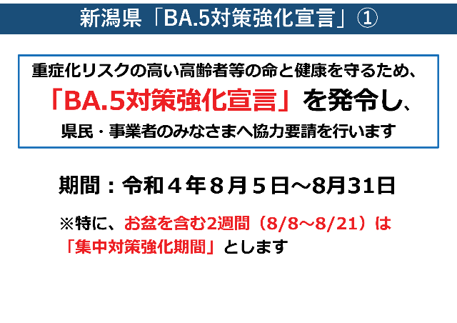 新潟県「BA.5対策強化宣言」1。重症化リスクの高い高齢者等の命と健康を守るため、「BA.5対策強化宣言」を発令し、県民、事業者のみなさまへ協力要請を行います。期間、令和4年8月5日から8月31日。特に、お盆を含む2週間（8月8日から8月21日は「集中対策強化期間」とします。