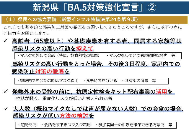 新潟県「BA.5対策強化宣言」2。（1）県民への協力要請（新型インフル特措法第24条第9項）。これまでも基本的な感染防止対策の徹底をお願いしてきたところですが、さらに以下の点にご協力をお願いします。高齢者（65歳以上）や基礎疾患を有する者、同居する家族等は感染リスクの高い行動を控えて。マスクを外して会話（特に、飲食前後の場面）。マスクをしていても継続的な発声。等。感染リスクの高い行動をとった場合、その後3日程度、家庭内での感染防止対策の徹底を。家庭内でも会話の時はマスク着用。食事時間を分ける。共有部の消毒。等。発熱外来の受診の前に、抗原定性検査キット配布事業の活用を。症状が軽く、重症化リスクが低いと考えられる者。大人数（概ねマイクなしでは声が届かない人数）での会食の場合、感染リスクが低い方法の検討を。短時間で。会話をする際はマスク着用。参加者同士の距離を確保できる方法で。等。