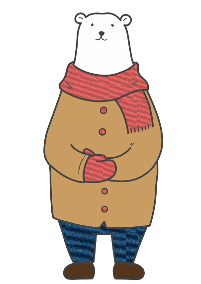 マフラーを巻いてコートを着たシロクマのキャラクターイラスト