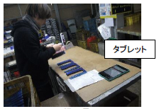 作業台に部品を置いて作業をしている人と、その脇の端末に「タブレット」と文字で説明が入っている写真