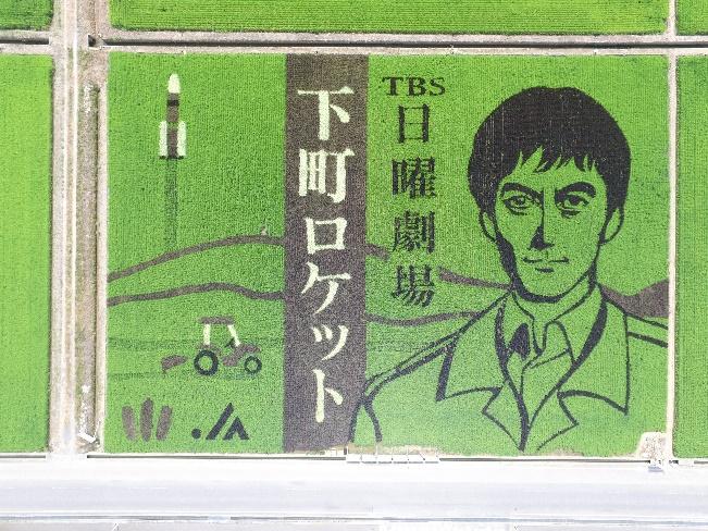 田んぼを使って「下町ロケット」の文字とイラストが表現されている写真