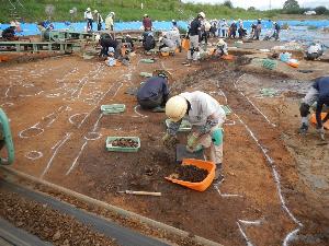 遺跡の発掘調査をする作業員の写真
