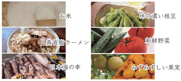 お米、味の濃い枝豆、燕勢油ラーメン、新鮮野菜、日本海の幸、みずみずしい果実