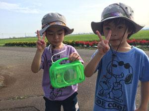 水田で虫かごを手にピースサインをしている男の子2人の写真
