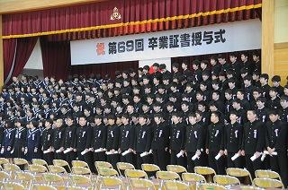 男女左右に分かれ丸めた卒業証書を手にする壇上と壇上の下に並ぶ大勢の卒業生の写真