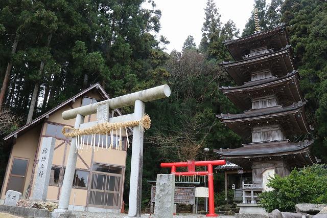 白と赤の鳥居と大きい五重塔が建つ酒呑童子神社の写真
