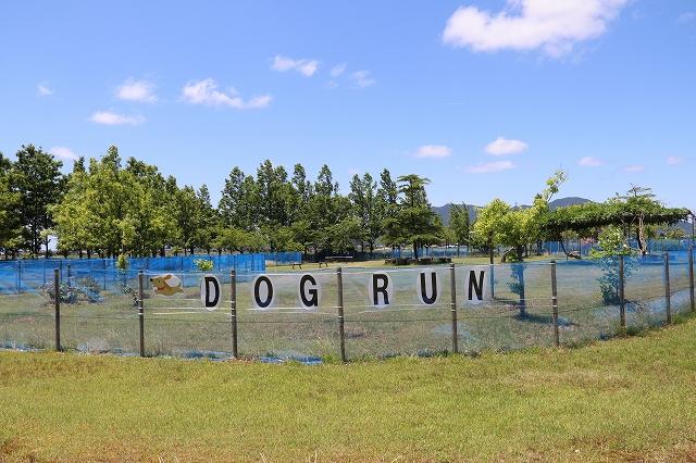 フェンスにDOGRUNと描かれているドッグランのスペースの写真