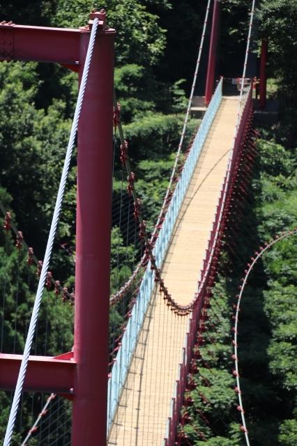 山の中に向かってかかっている、あずき色のつり橋の写真