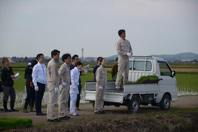 作業着を着て田んぼのほうを見つめて立っている人たちの写真