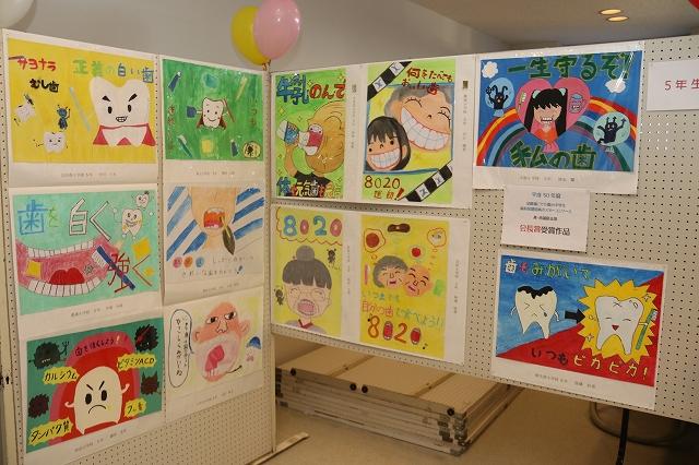 展示された飾りつけの黄色とピンク色の2つの風船がある歯の健康をテーマにした小学5年生の生徒が描いたイラストが12点展示されたホワイトボードの写真