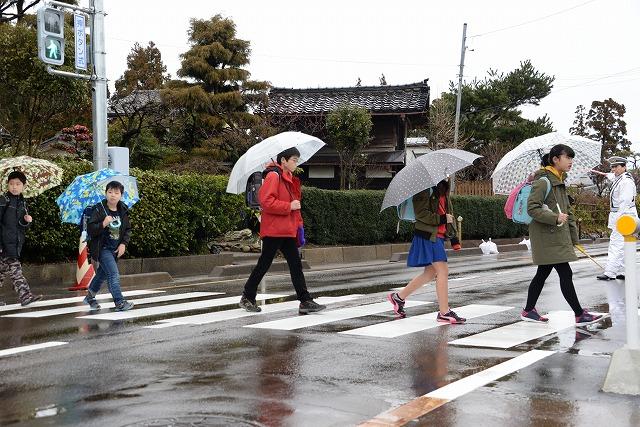 傘をさした子どもたちが、一列で横断歩道を渡っている写真