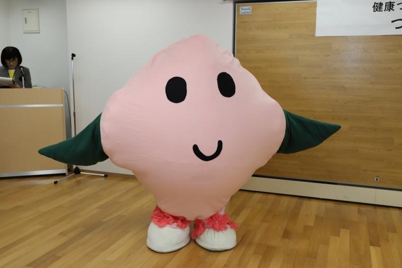 丸いピンクの胴体に緑の羽根がついている、キャラクターの着ぐるみの写真