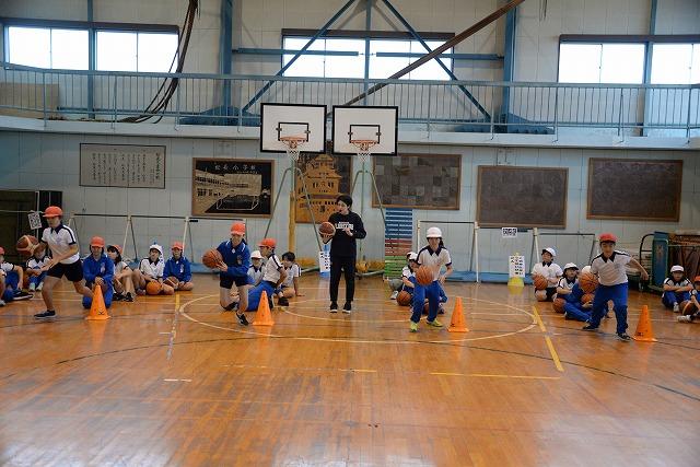 体育館内で複数の列を作り、先頭からバスケットボールのドリブル練習をしている子ども達とそれを指導する女性の写真