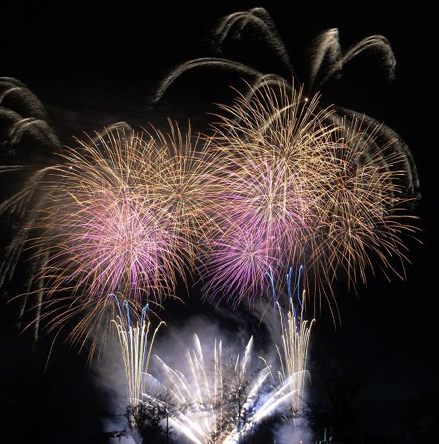 夜空に左右対称になるように美しく打ち上げられる花火の写真