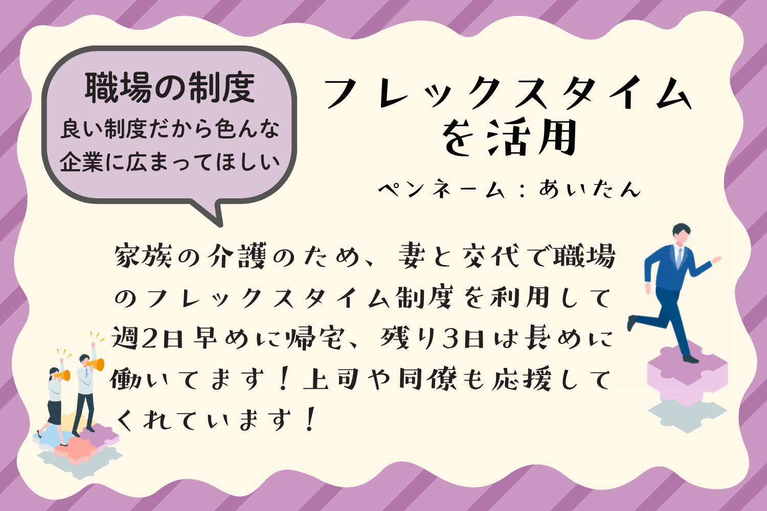 アイデア例4：フレックスタイムを活用。家族の介護のために、妻と交代で職場のフレックスタイム制度を利用して、週2日早めに帰宅、残り3日は長めに働いています。上司や同僚も応援してくれています。