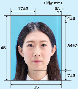 パスポートの写真の寸法を記載した顔写真